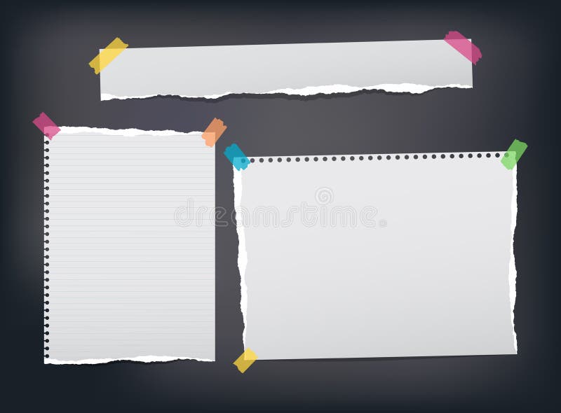 Torn ruled, note, notebook, copybook paper strips, sheets stuck with colorful sticky tape on black background. vector illustration