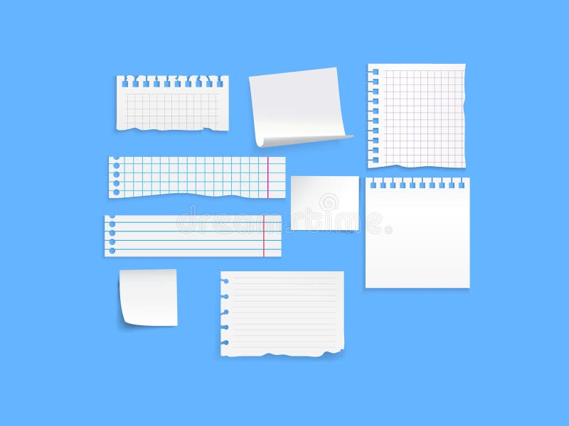 Torn white paper scraps cartoon illustration set. Ragged square pieces of notebook sheets. Ripped empty notes or memo. stock illustration