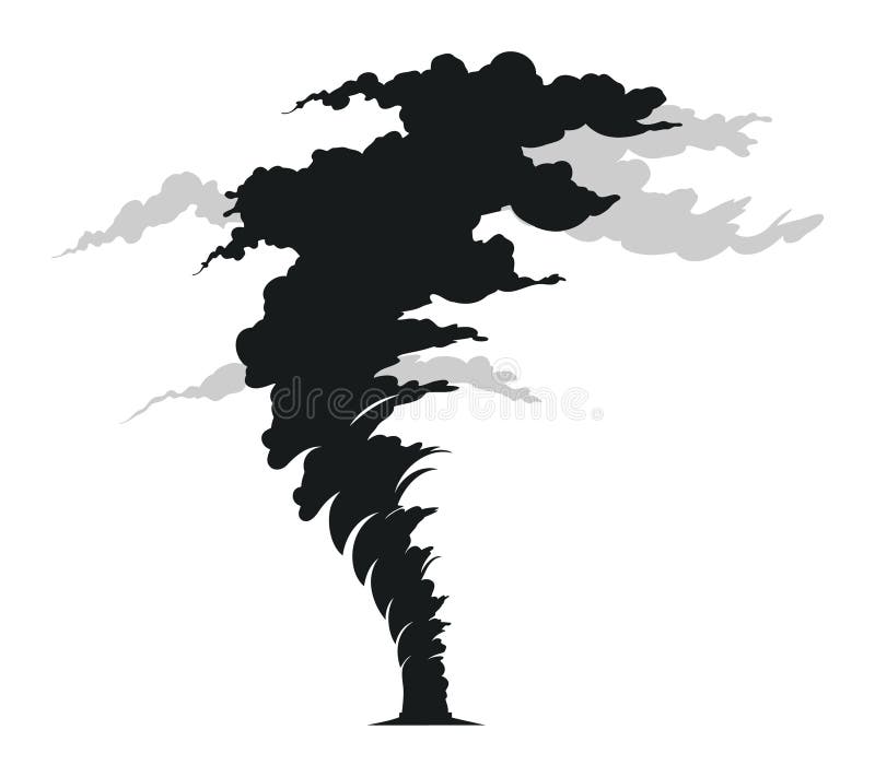 Tornade noire et blanche tourbillonnant avec des nuages un temps destructeur. catastrophe naturelle description puissant vecteur d illustration stock