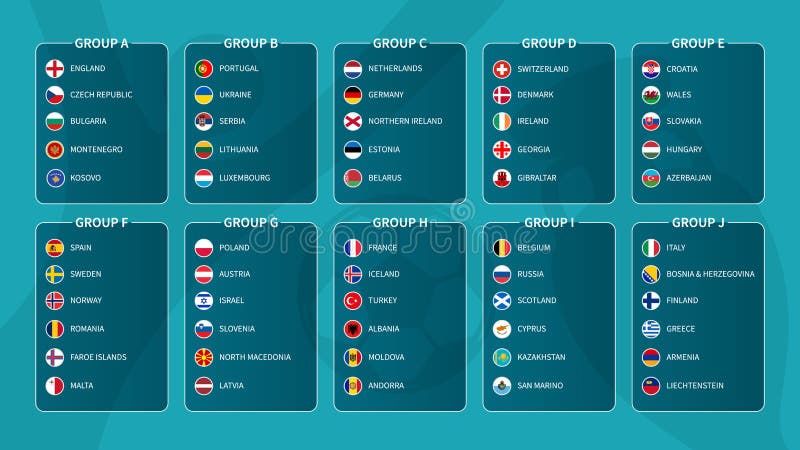 grupo de futebol europeu definir bandeiras de países do futebol europeu  2020 e grupos de equipes no conjunto de vetores de fundo do torneio 2436503  Vetor no Vecteezy