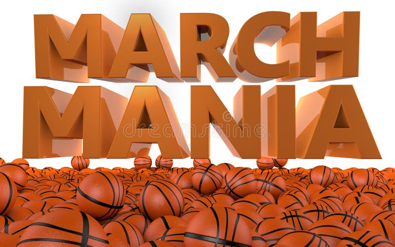 The words MARCH MANIA rendered in 3D lettering with a large collection of Basketballs on the ground - NCAA basketball tournament. The words MARCH MANIA rendered in 3D lettering with a large collection of Basketballs on the ground - NCAA basketball tournament
