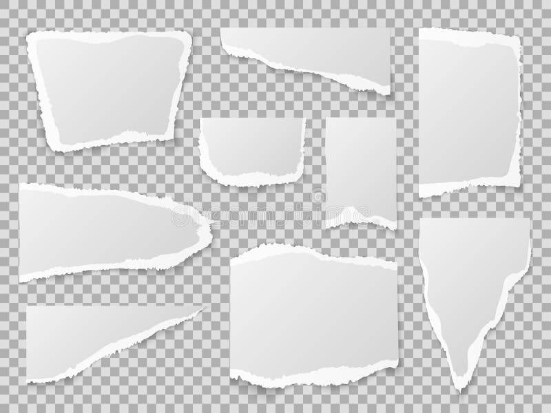 Tornpapier. Verschillende vormen van papierafval, getextureerde memo-vellen. Korrelige, platte rand strips, lege pagina vector illustratie Tornpapier. Verschillende vormen van papierafval, getextureerde memo-vellen. Korrelige, platte rand strips, lege pagina vector illustratie