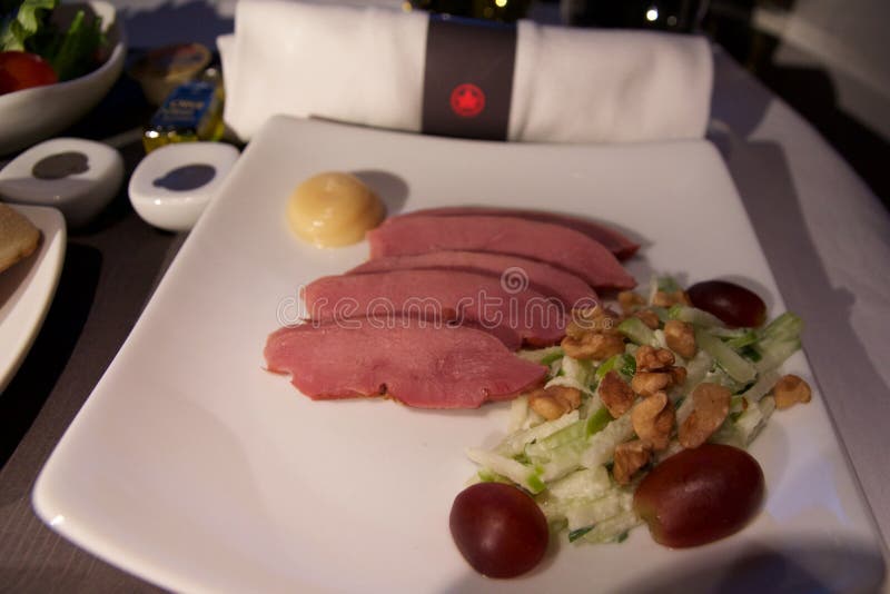 TORONTO, CANADA - 28 janvier 2017 : Repas en vol de classe d'affaires d'Air Canada, dîner avec le sein de canard fumé d'Ontario images stock TORONTO, CANADA - 28 janvier 2017 : Repas en vol de classe d'affaires d'Air Canada, dîner avec le sein de canard fumé d'Ontario images stock