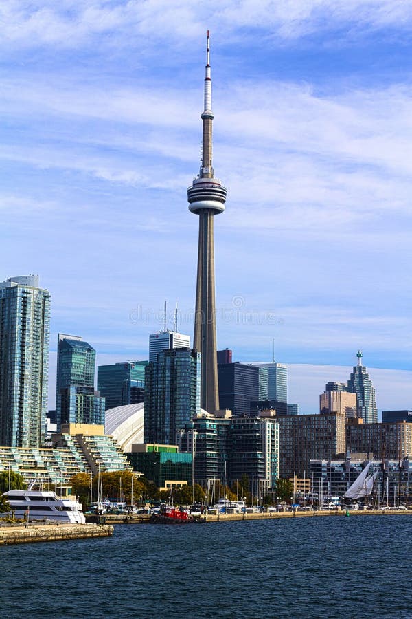 The Toronto CN tower and surrounding buildings as seen from the lake