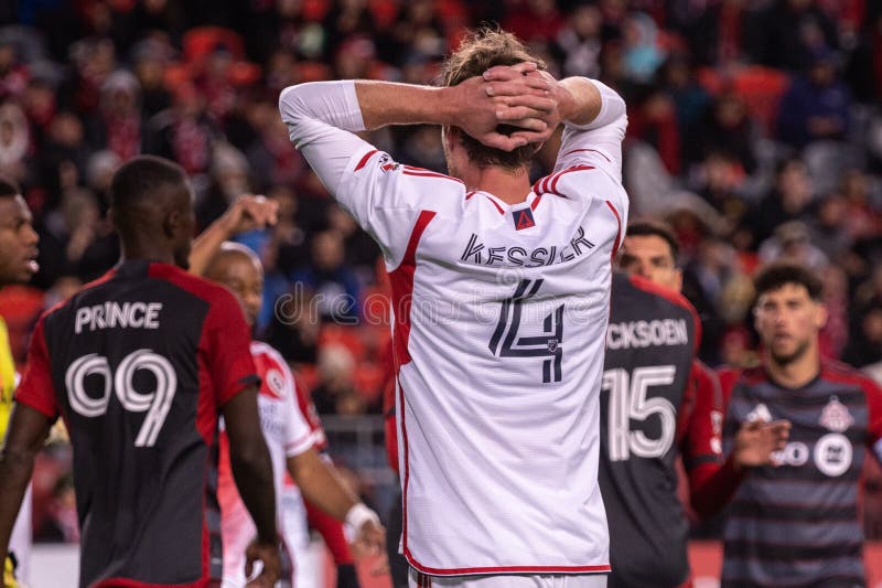 Toronto, ON, Canada - April 20, 2024: Henry Kessler #4 defender of the New England Revolution reacts to a missed ball during the MLS Regular Season match between Toronto FC (Canada) and New England Revolution (USA) at BMO Field. Toronto, ON, Canada - April 20, 2024: Henry Kessler #4 defender of the New England Revolution reacts to a missed ball during the MLS Regular Season match between Toronto FC (Canada) and New England Revolution (USA) at BMO Field