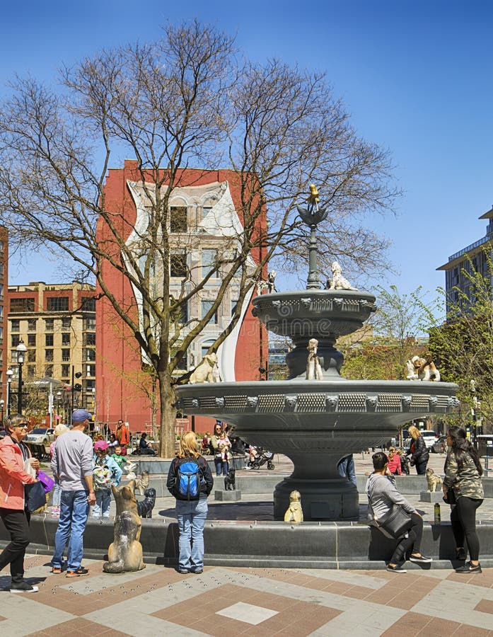 TORONTO, KANADA - 13. Mai 2018: Berczy-Park, kleiner Park in im Stadtzentrum gelegenem Toronto am sonnigen Tag stockbild TORONTO, KANADA - 13. Mai 2018: Berczy-Park, kleiner Park in im Stadtzentrum gelegenem Toronto am sonnigen Tag stockbild