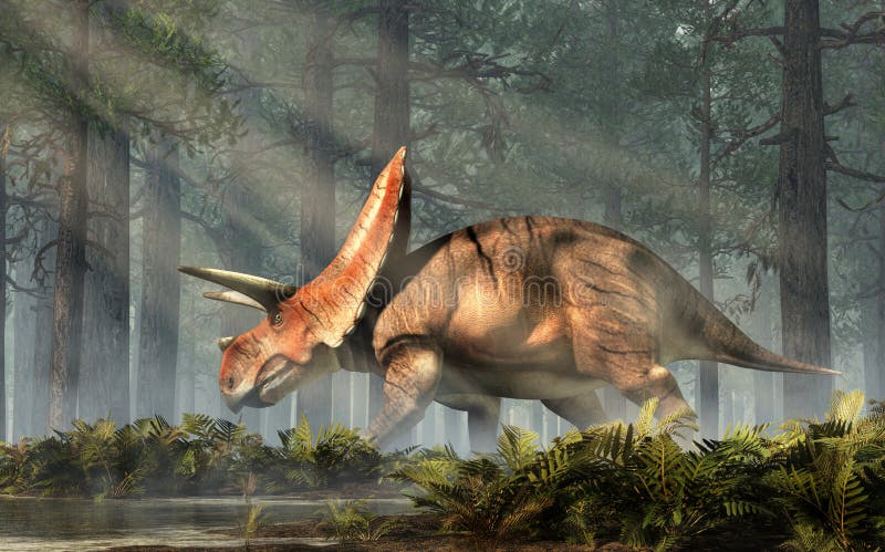 Torosaurus was ceratopsian dinosaur that was a frilled and horned, four legged animal. It lived during the cretaceous period. In a dense forest. 3D Rendering. Torosaurus was ceratopsian dinosaur that was a frilled and horned, four legged animal. It lived during the cretaceous period. In a dense forest. 3D Rendering