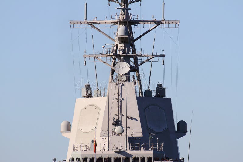 Detection tower and Radar Aegis of the destroyer F-104 MENDEZ NUÑEZ of the Spanish Navy docked in the port of Alicante in the Mediterranean Sea. Detection tower and Radar Aegis of the destroyer F-104 MENDEZ NUÑEZ of the Spanish Navy docked in the port of Alicante in the Mediterranean Sea