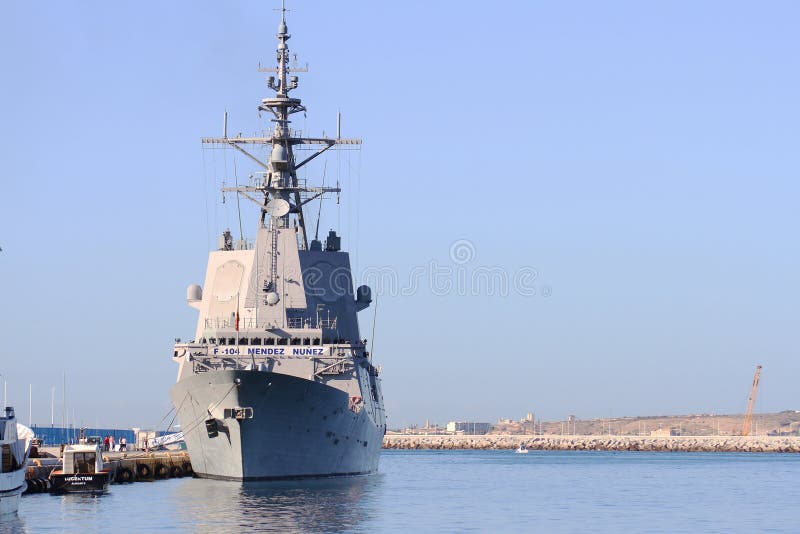 Destroyer F-104 MENDEZ NUÑEZ of the Spanish Navy docked in the port of Alicante in the Mediterranean Sea. Destroyer F-104 MENDEZ NUÑEZ of the Spanish Navy docked in the port of Alicante in the Mediterranean Sea