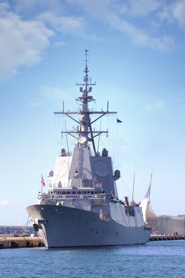 Destroyer F-104 MENDEZ NUÑEZ of the Spanish Navy docked in the port of Alicante in the Mediterranean Sea. Destroyer F-104 MENDEZ NUÑEZ of the Spanish Navy docked in the port of Alicante in the Mediterranean Sea