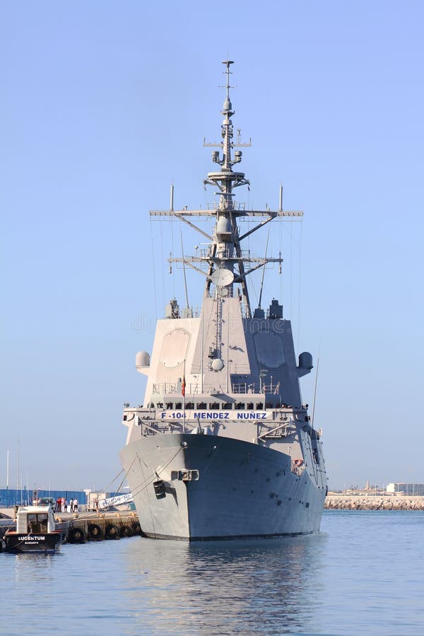 Destroyer F-104 MENDEZ NUÑEZ of the Spanish Navy docked in the port of Alicante in the Mediterranean Sea. Destroyer F-104 MENDEZ NUÑEZ of the Spanish Navy docked in the port of Alicante in the Mediterranean Sea