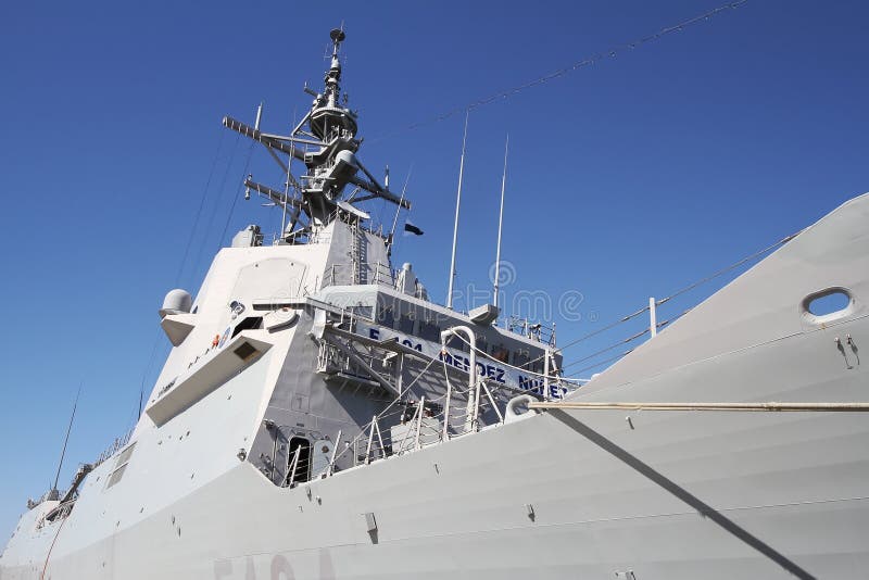 Destroyer F-104 MENDEZ NUÑEZ of the Spanish Navy docked in the port of Alicante in the Mediterranean Sea. Destroyer F-104 MENDEZ NUÑEZ of the Spanish Navy docked in the port of Alicante in the Mediterranean Sea