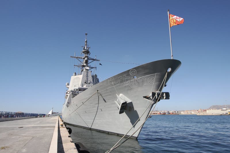 Destroyer F-104 MENDEZ NUÑEZ of the Spanish Navy docked in the port of Alicante in the Mediterranean Sea. Destroyer F-104 MENDEZ NUÑEZ of the Spanish Navy docked in the port of Alicante in the Mediterranean Sea