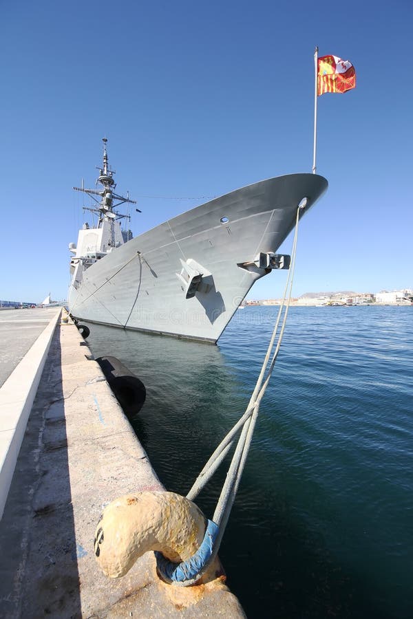 Destroyer F-104 MENDEZ NUÑEZ of the Spanish Navy docked in the port of Alicante in the Mediterranean Sea. Destroyer F-104 MENDEZ NUÑEZ of the Spanish Navy docked in the port of Alicante in the Mediterranean Sea