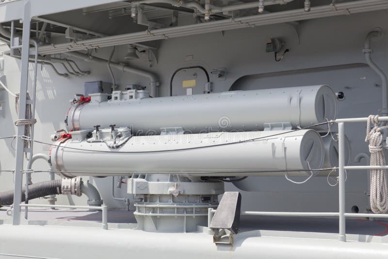 Deck-mounted torpedo launchers on a modern destroyer. Deck-mounted torpedo launchers on a modern destroyer