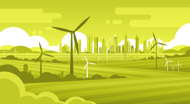 Torre da turbina eólica na tecnologia da fonte de energia alternativa da ecologia do fundo da cidade do verde do campo ilustração stock Torre da turbina eólica na tecnologia da fonte de energia alternativa da ecologia do fundo da cidade do verde do campo ilustração stock