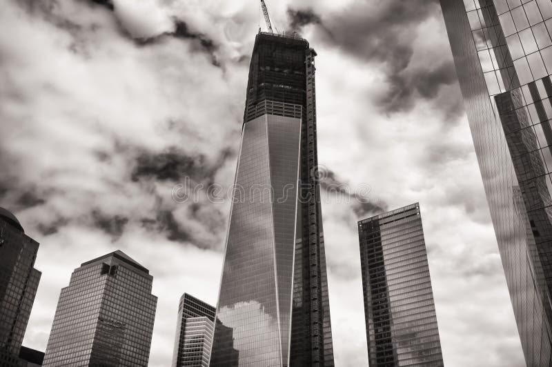 Dramatic black and white view of the new Freedom Tower under construction in downtown Manhattan, New York. Dramatic black and white view of the new Freedom Tower under construction in downtown Manhattan, New York.