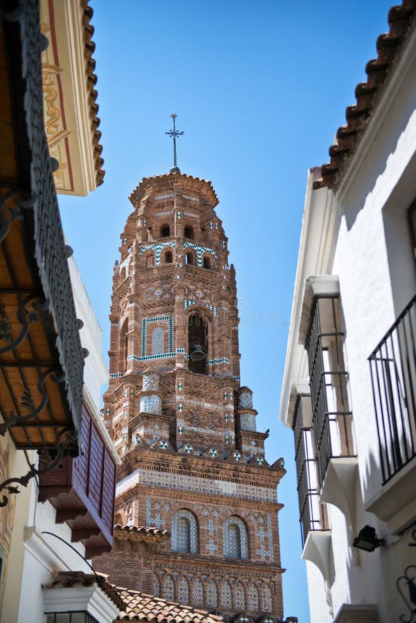 Torre De Utebo Framed By Buildings, Aragon, Spain Stock Photo - Image