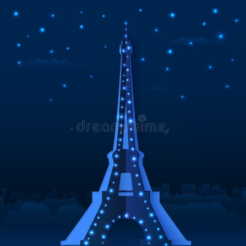Torre Eiffel azul del vector de la noche del papel del recorte libre illustration Torre Eiffel azul del vector de la noche del papel del recorte libre illustration