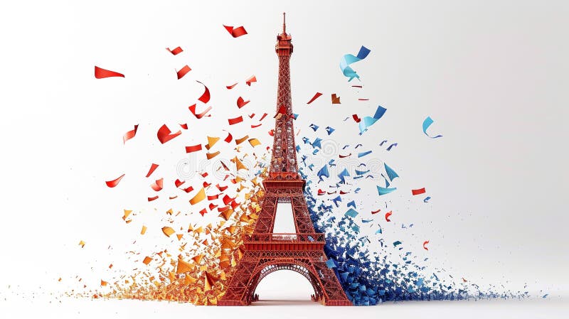 Torre Eiffel disolvente en los colores de la bandera francesa celebración vibrante representación digital artística explosión de c stock de ilustración