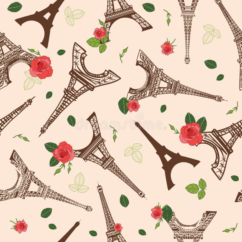 Torre París de Brown Eifel del vintage del vector y modelo inconsútil de la repetición de las flores de las rosas rodeado por roj ilustración del vector Torre París de Brown Eifel del vintage del vector y modelo inconsútil de la repetición de las flores de las rosas rodeado por roj ilustración del vector