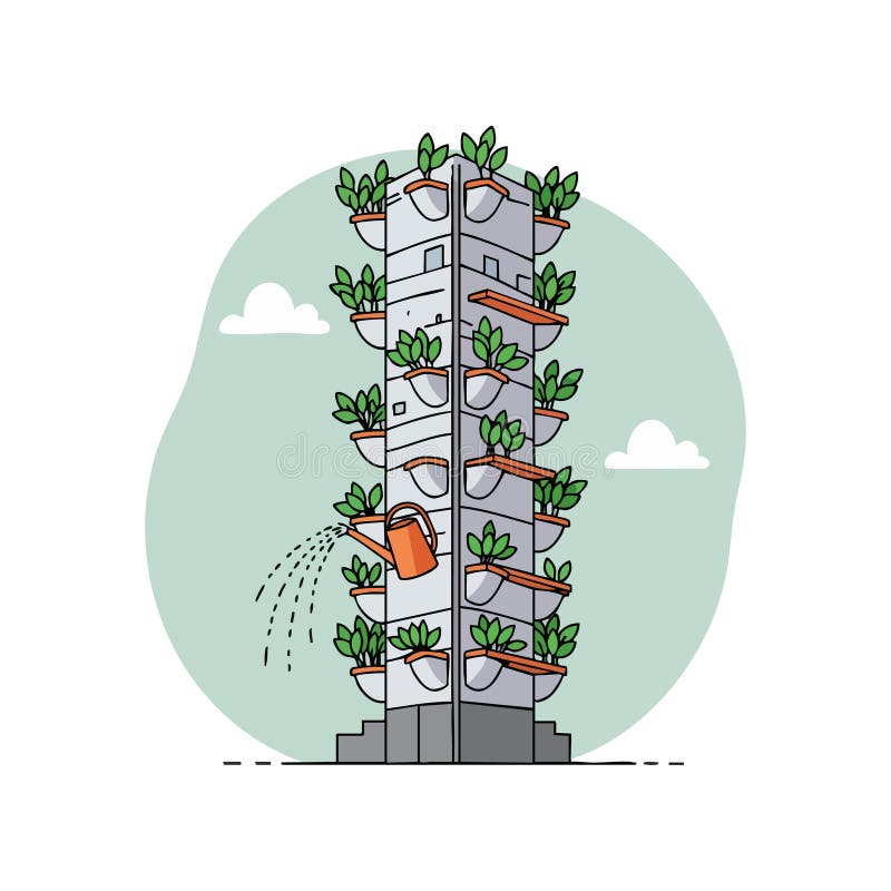 Torre verniciale con barattoli per l'irrigazione e piante verdi nell'illustrazione vettoriale delle impostazioni urbane illustrazione vettoriale