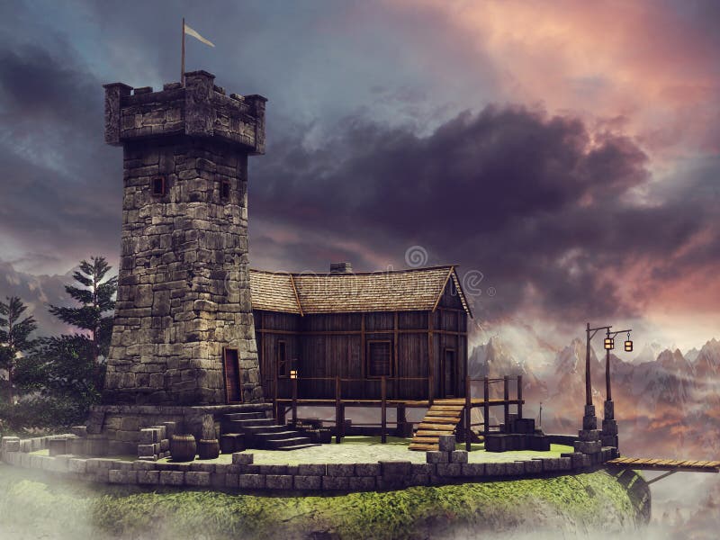 Torre y puente de la fantasía ilustración del vector Torre y puente de la fantasía ilustración del vector