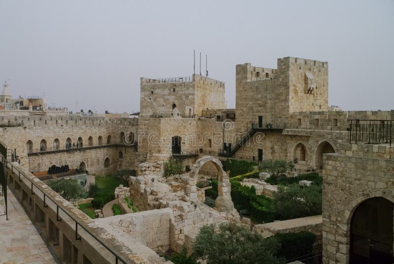 Towers and walls of Jerusalem citadel and Tower of David in sandstorm. Jerusalem, Israel. Towers and walls of Jerusalem citadel and Tower of David in sandstorm. Jerusalem, Israel