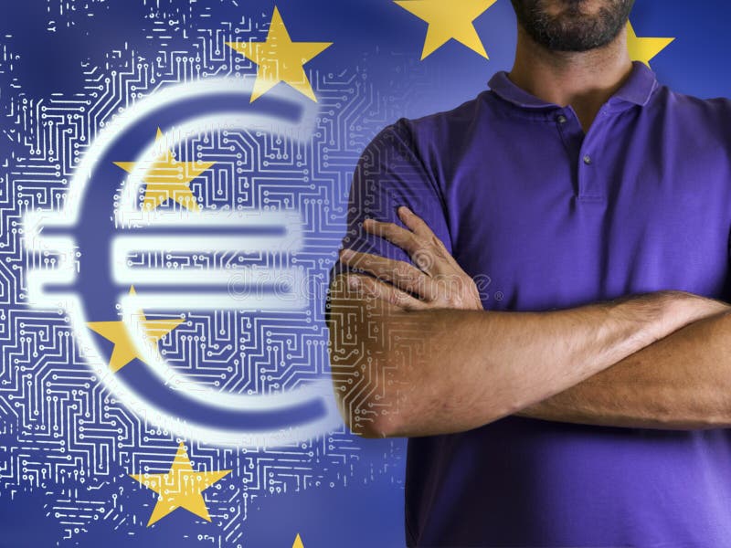 Torso of a man Young man with arms crossed against Digital euro and EU flag