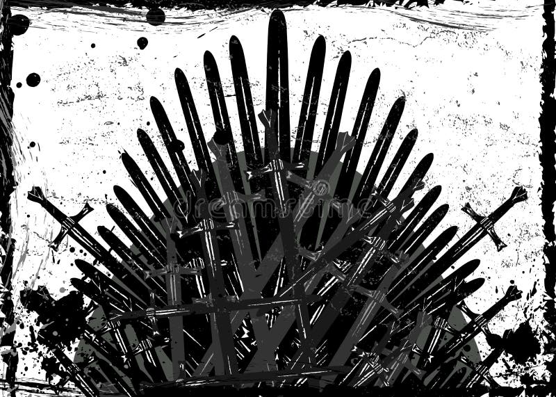 Thrones fantasy concept. Hand drawn iron throne of Westeros made of antique swords or metal blades. Ceremonial chair built icon