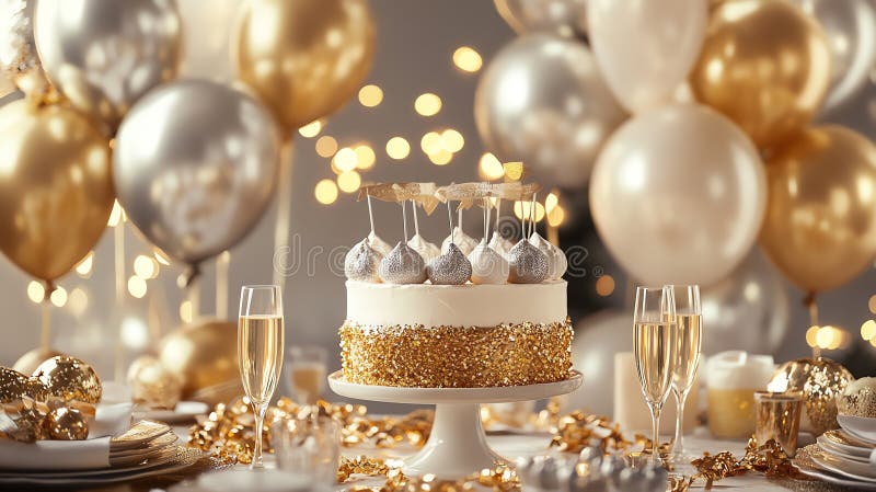 Tort elegant de aniversare cu baloane de aur și argint perfect pentru sărbători festive și decorațiuni de petrecere această imagin royalty free stock photo