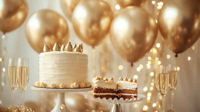 Tort elegant de aniversare cu baloane de aur și lumini strălucitoare imagine festivă de sărbătoare stock photography