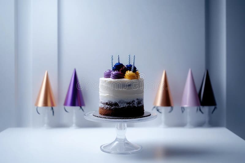 Tort elegant de aniversare cu glazură colorată și lumânări în condiții minimaliste royalty free stock photo