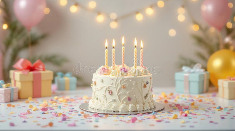 Tort elegant de aniversare cu lumânări pe fondul decorațiilor festive și cadouri înfășurate royalty free stock photos