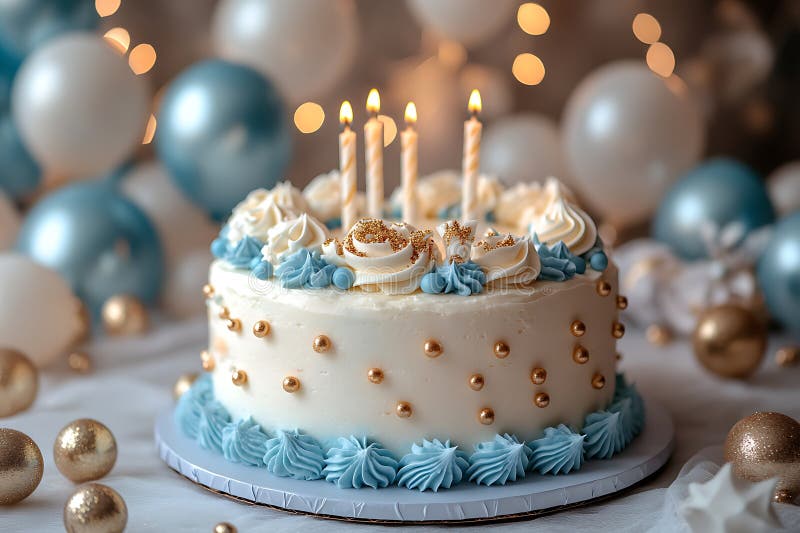 Tort elegant de aniversare decorat cu glazură albastră și albă cu lumânări aprinse și baloane festive stock photography