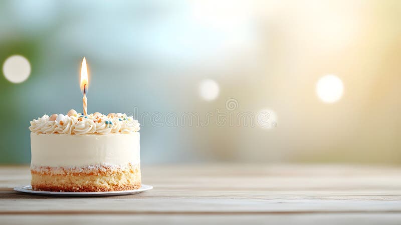 Tort elegant pentru ziua de naștere cu o singură lumânare aprinsă pe o suprafață rustică din lemn cu un fond moale de lemn. Perfec royalty free stock photo