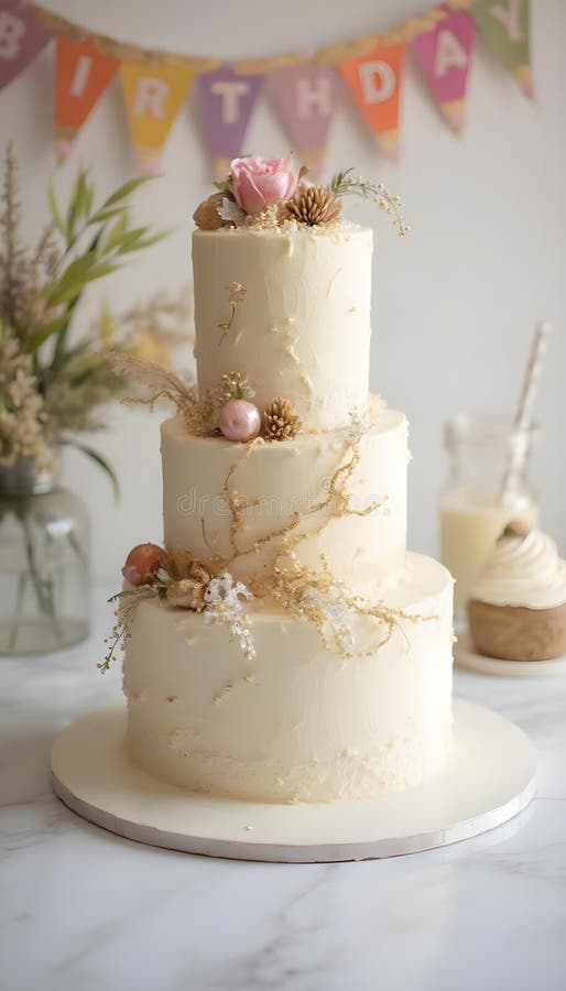 Tort elegant pentru ziua de naștere cu patru straturi împodobite cu decorațiuni comestibile de aur și argint stock image