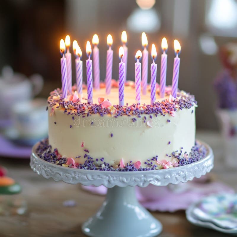 Tort elegant ziua de naștere cu lumânări violet și stropi pe un suport decorativ stock images