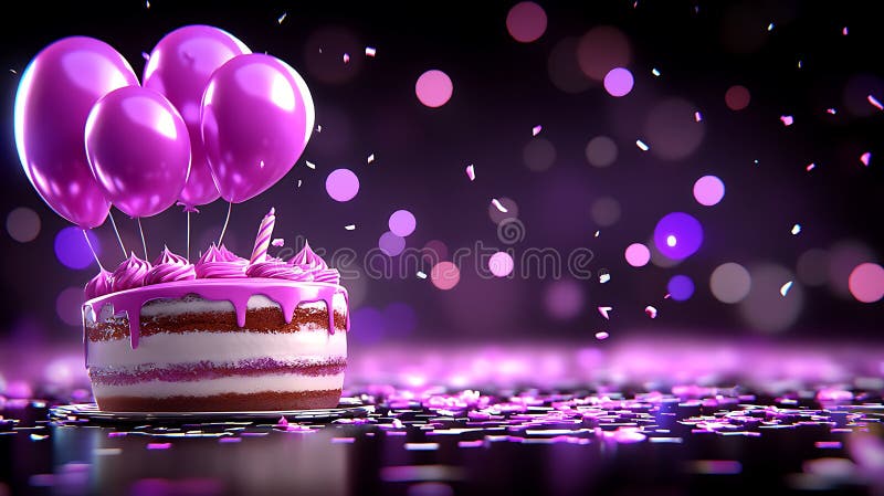 Tort petrecere aniversare cu baloane și confetti vector illustration