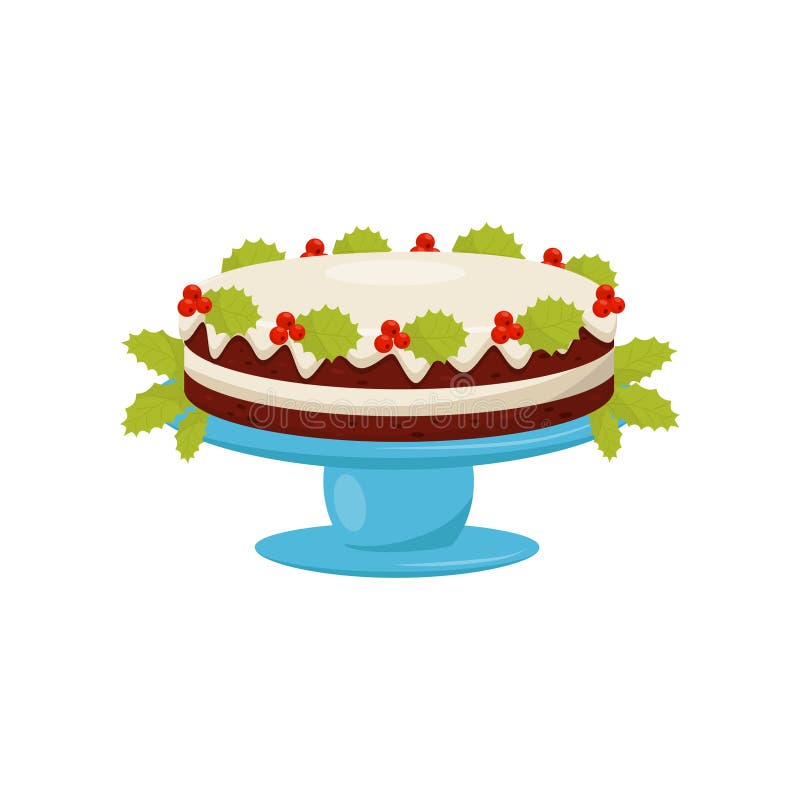 Torta acodada deliciosa con el esmalte de la vainilla y bayas rojas con las hojas verdes Postre tradicional de la Navidad Vector ilustración del vector Torta acodada deliciosa con el esmalte de la vainilla y bayas rojas con las hojas verdes Postre tradicional de la Navidad Vector ilustración del vector