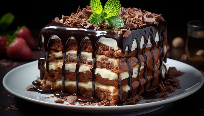 Torta al cioccolato appena cotta con ghiacciatura al cioccolato a frusta cremosa generata dall'ai illustrazione di stock