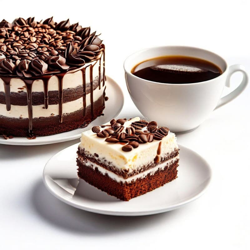 Torta al cioccolato e tazza di caffè sulla chiusura in fondo bianco. torta al cioccolato con caffè e crema