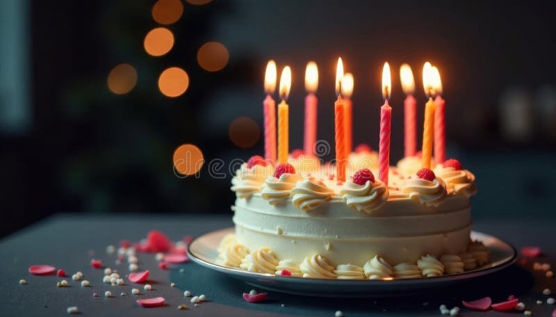 Classica torta di compleanno rotonda, con molteplici candele accese, pasticceria, a strati illustrazione di stock