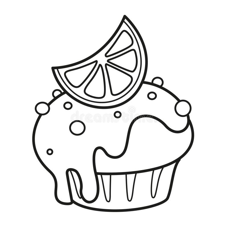 Torta con panna montata sgranata con una fetta di limone candita disegnata per colorare la pagina su un bianco illustrazione vettoriale