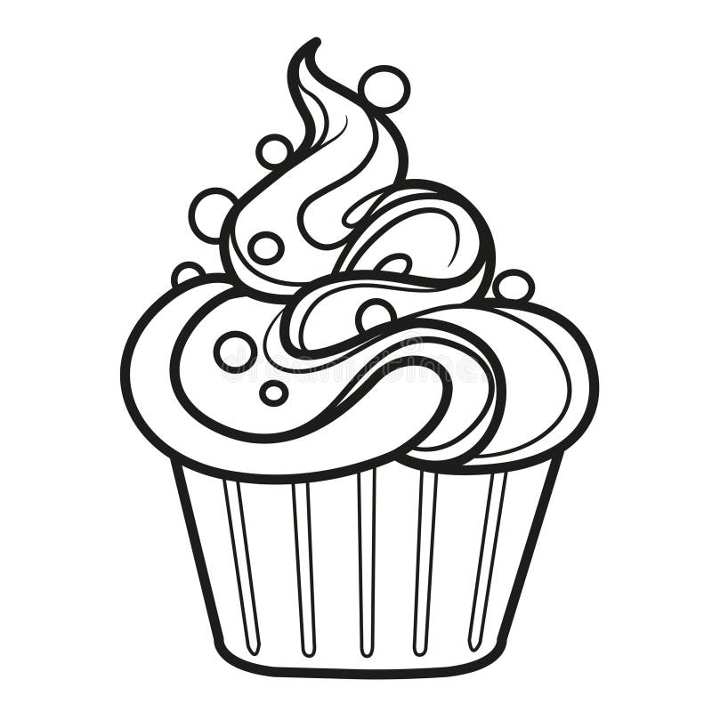 Torta con un sacco di panna montata tracciata per colorare la pagina su un bianco illustrazione di stock
