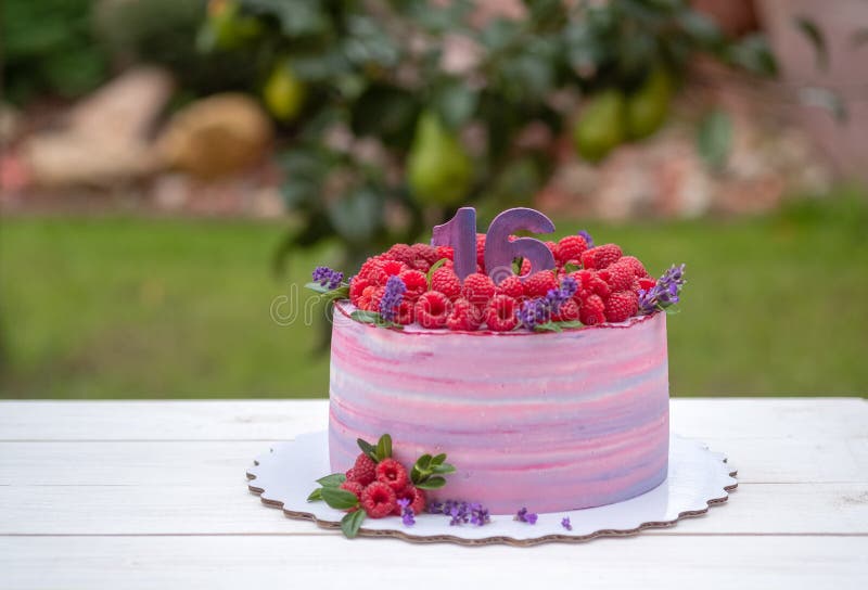 Torta de cumpleaños hermosa con el número dieciséis fotografía de archivo Torta de cumpleaños hermosa con el número dieciséis fotografía de archivo