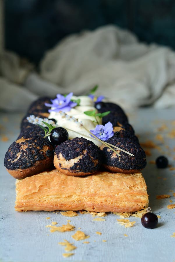 Torta del santo-onore de la pasta de hojaldre, de profiteroles, de la crema de la pasa y de la crema azotada Postre francés clási imagenes de archivo Torta del santo-onore de la pasta de hojaldre, de profiteroles, de la crema de la pasa y de la crema azotada Postre francés clási imagenes de archivo