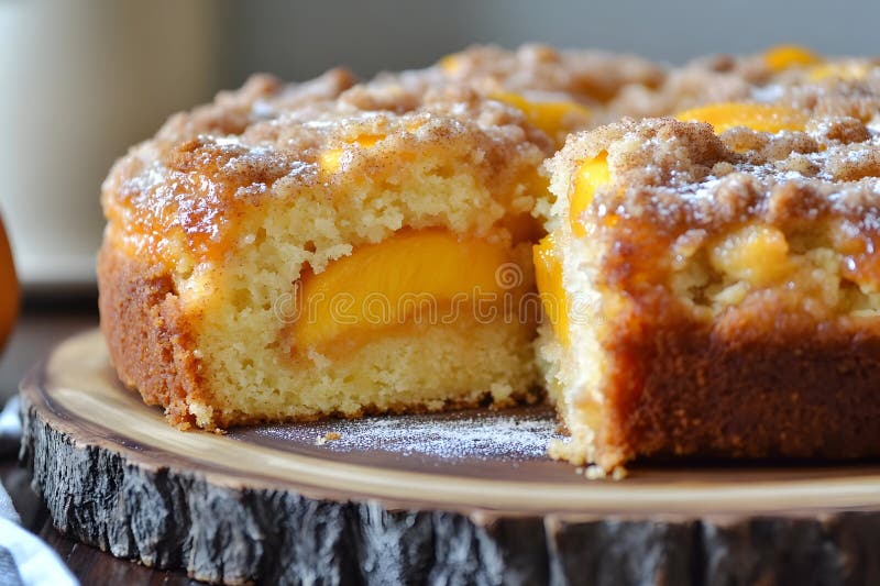 Torta di caffè di pesche al forno fresco su Piastra di legno di ruggine con tagliatelle e polvere di zucchero. Una torta di caffè di pesche appena cotta, affettata su un piatto di legno rustico con una punta d'oro e una leggera polverizzazione di zucchero affettata per rivelare il suo interno umido pieno di pesche mature ad alta risoluzione