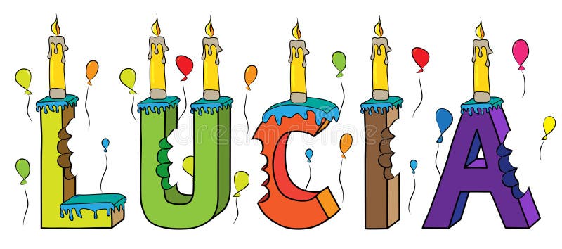 Torta di compleanno variopinta pungente dell'iscrizione 3d di nome della femmina di Lucia con le candele ed i palloni illustrazione di stock
