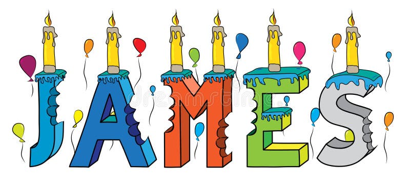 Torta di compleanno variopinta pungente dell'iscrizione 3d di nome di James con le candele ed i palloni royalty illustrazione gratis
